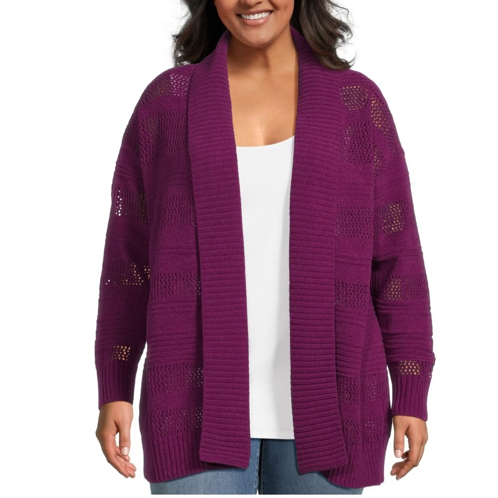 Terra & Sky Chenille Shawl Cardigan Midweight Purple Open-Front Sweater Size 1X